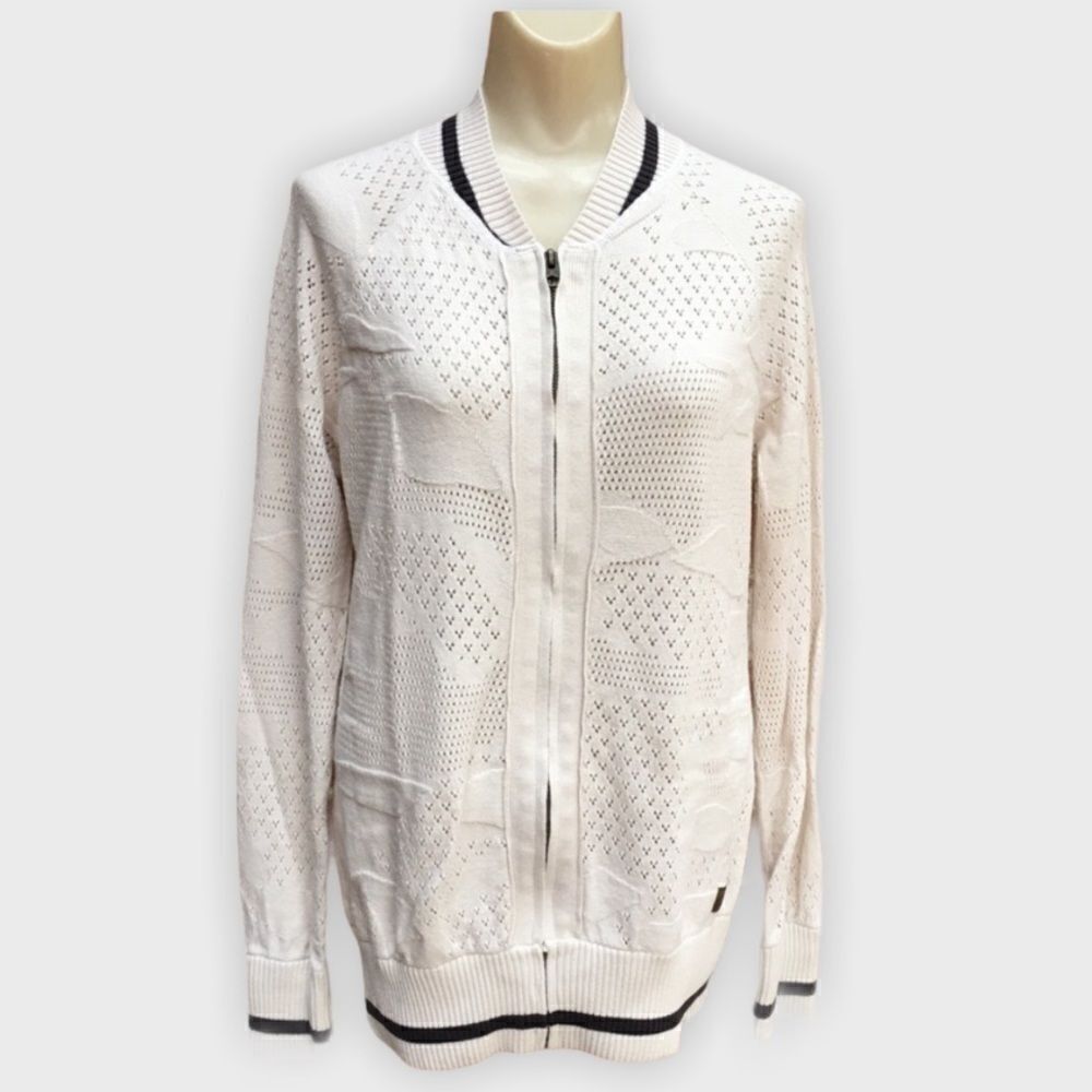 Element Eden Patterned Pointelle Knit Ribbed Knit Trim Full Front Zip Cardigan - Picture 6 of 15